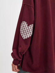 Heart Patch Long Sleeve Sweatshirt in Burgundy, model styling view