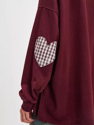 Heart Patch Long Sleeve Sweatshirt in Burgundy, model styling view