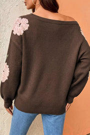 Floral Print Drop Shoulder Relaxed Sweater in Dark Brown, close-up detail