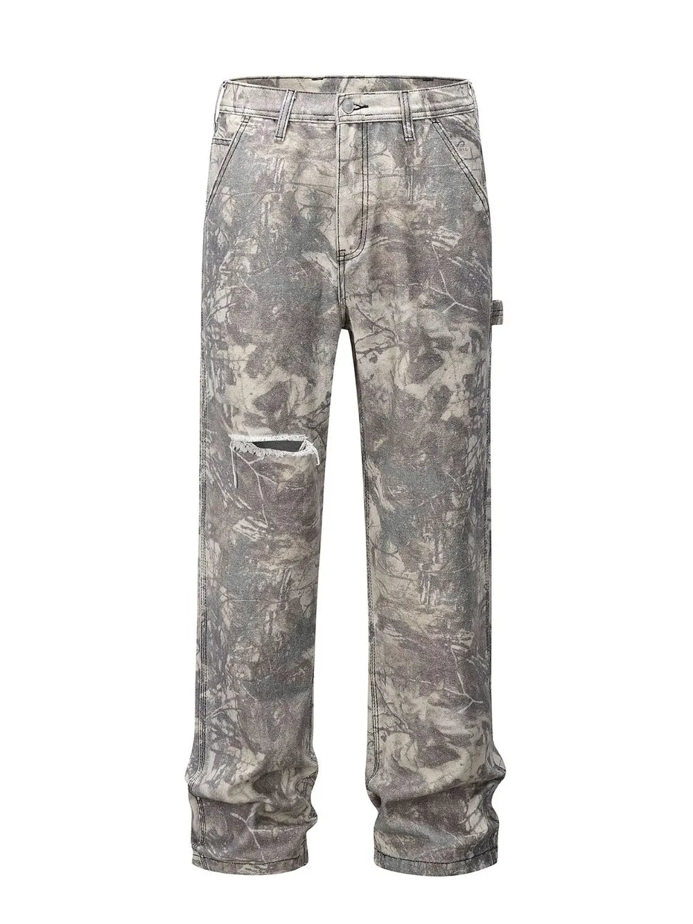 Distressed camo carpenter jeans in gray with a ripped knee detail.