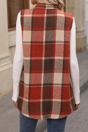 Plaid utility vest in Terracotta with patch pockets, button front, and collared neckline.