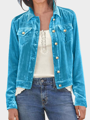 Velvet jacket in cerulean with silver buttons and chest pockets.