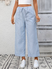 Light blue and white striped drawstring wide leg pants with pockets