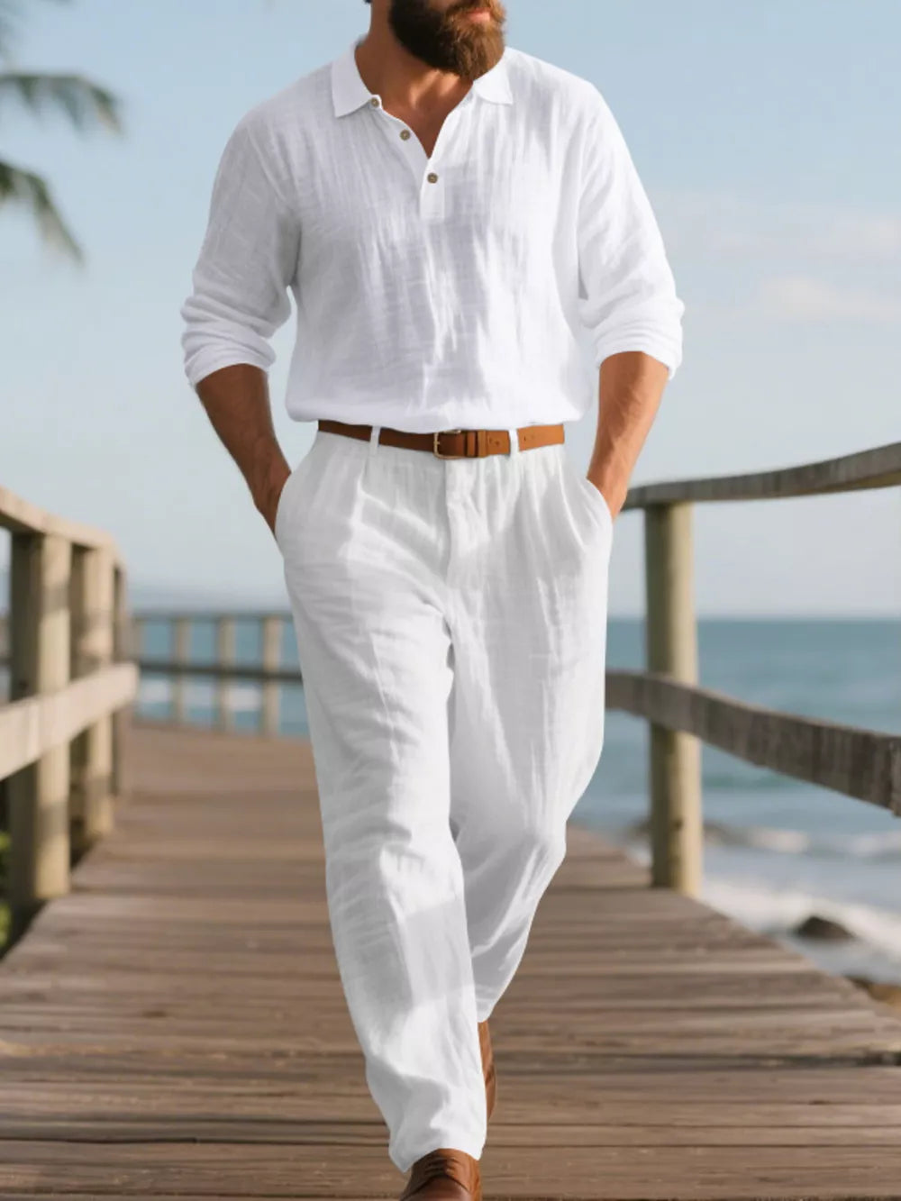 White linen blend long sleeve collared top and pants set for men, casual breathable outfit.