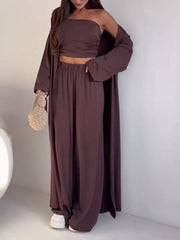 Strapless Ruched Crop Top & Wide-leg Pants Set in Black, close-up detail