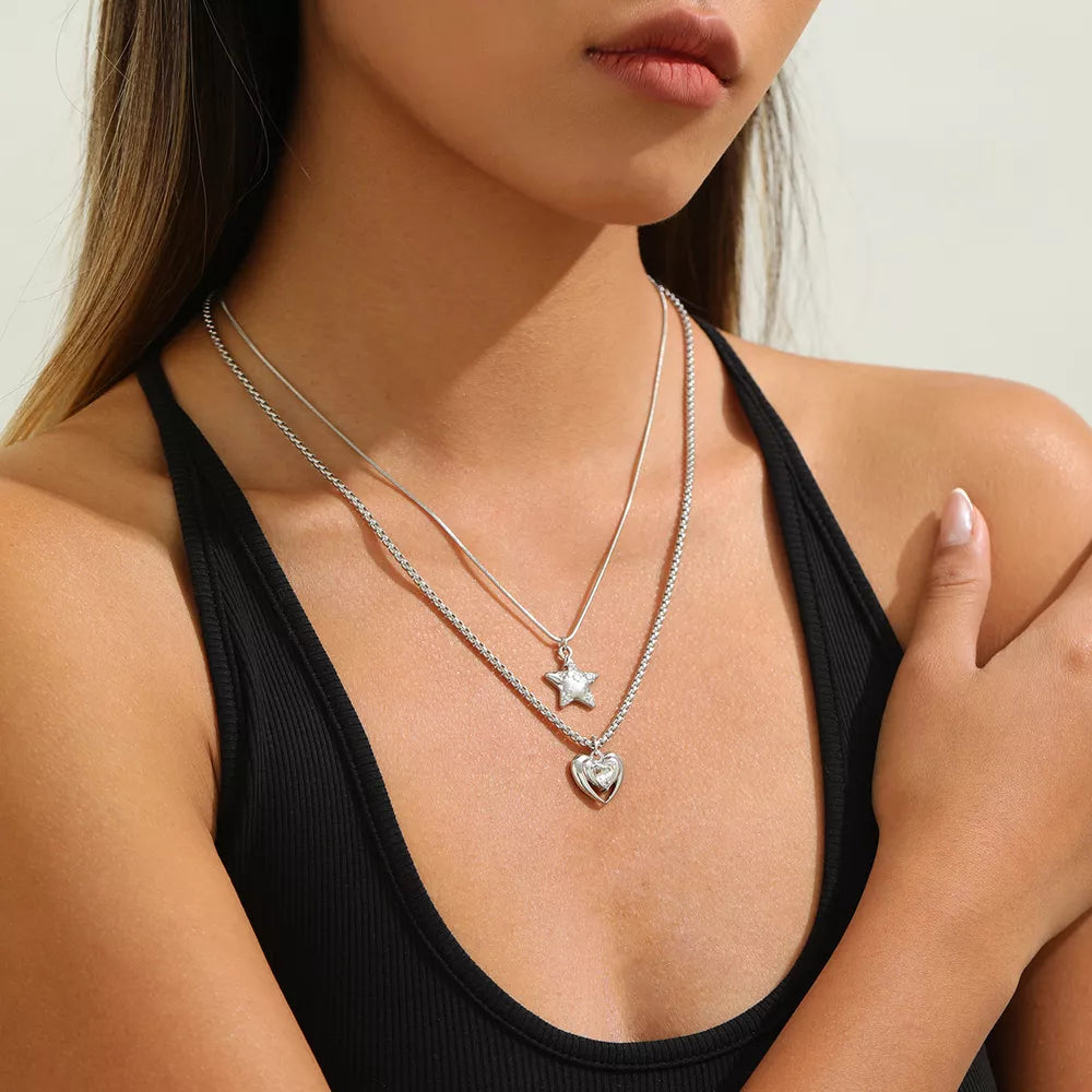 2-piece Star And Heart Pendant Alloy Necklace in Silver, front view