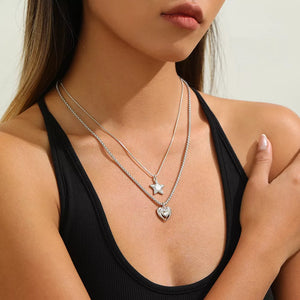 2-piece Star And Heart Pendant Alloy Necklace in Silver, front view