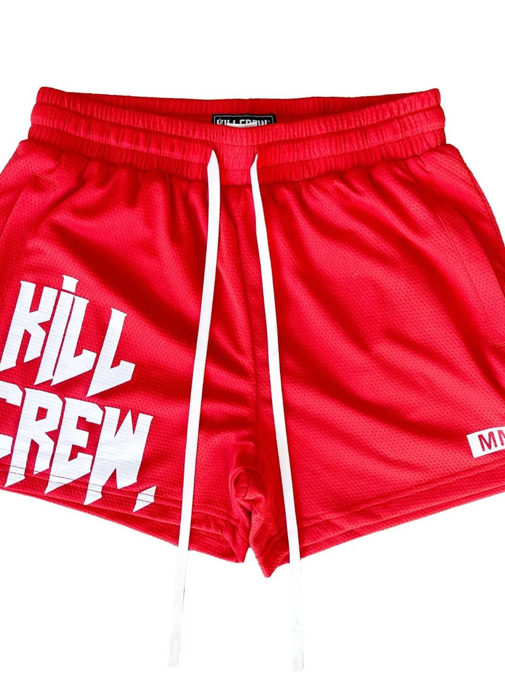 Red mesh performance shorts with white "KILL CREW" graphic and drawstring.