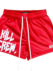 Red mesh performance shorts with white "KILL CREW" graphic and drawstring.