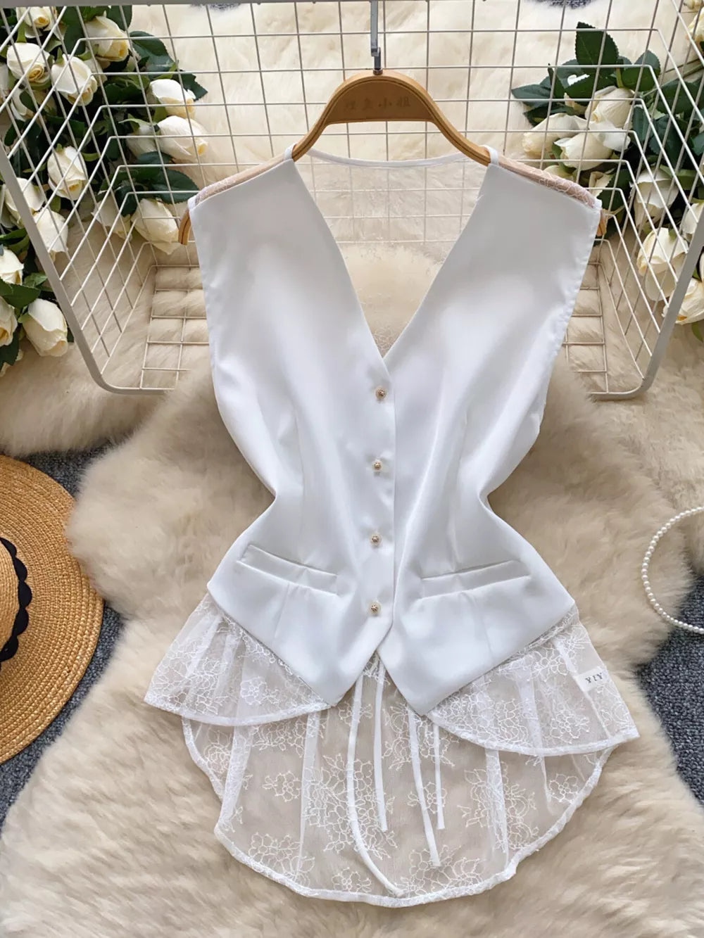 White button-down vest coat with lace trim and V-neck