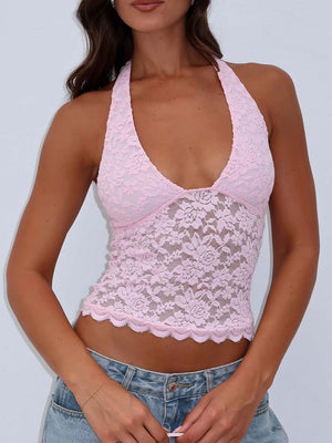 Floral lace halter top in blush pink with a scalloped hem.