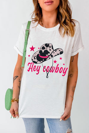 White cotton t-shirt with cowboy hat graphic and "Hey cowboy" text