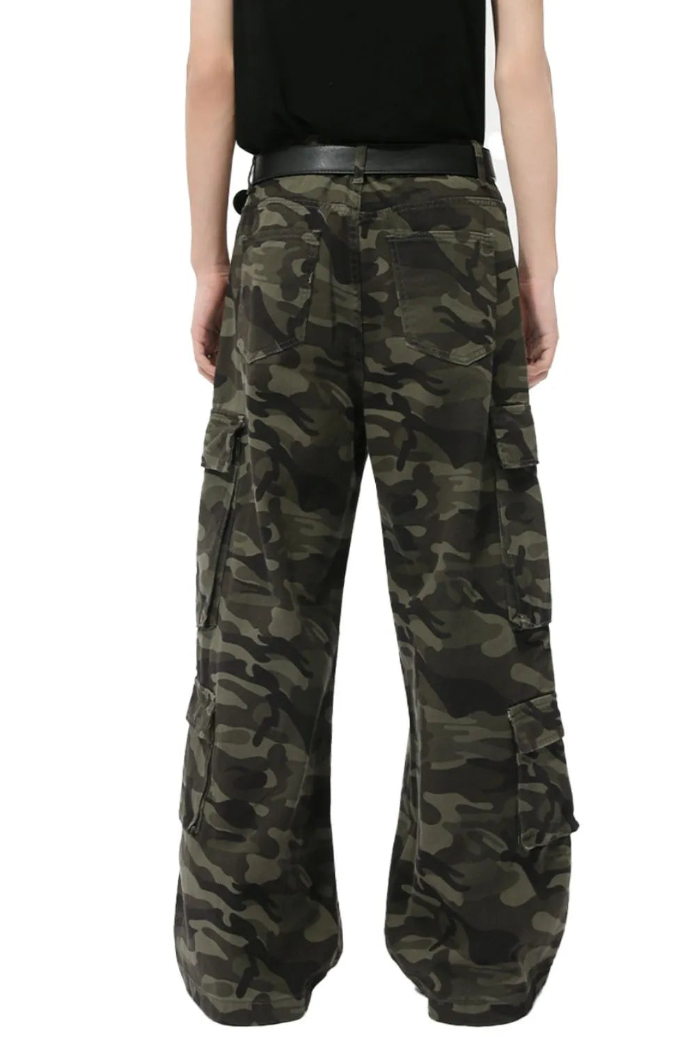 Wide-leg camo cargo pants with multiple pockets in green camouflage.