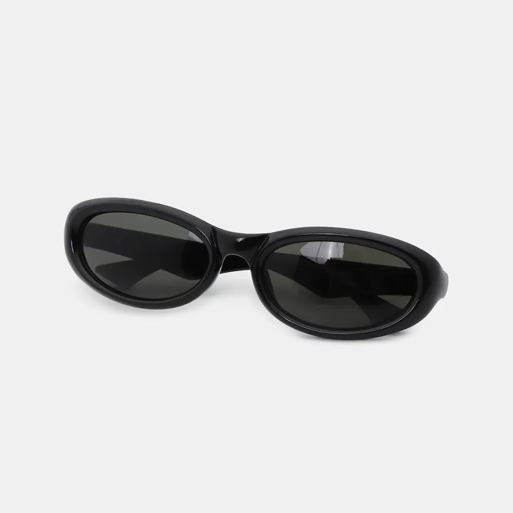 Black cat eye sunglasses with a thick, glossy frame and dark lenses.