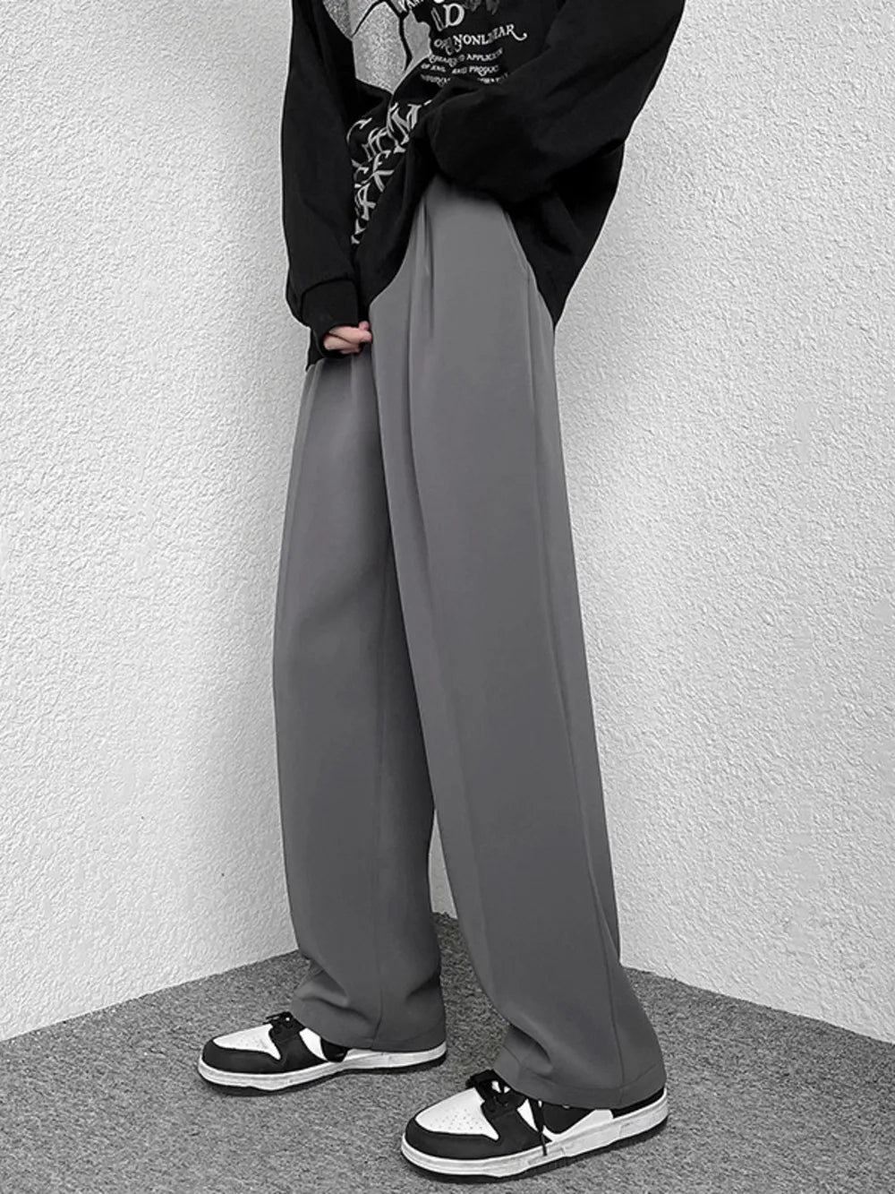 Grey wide-leg casual pants with a relaxed fit and clean finish