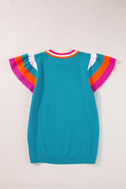 Cerulean knit blouse with flutter sleeves and colorblock trim in pink, orange, and white.