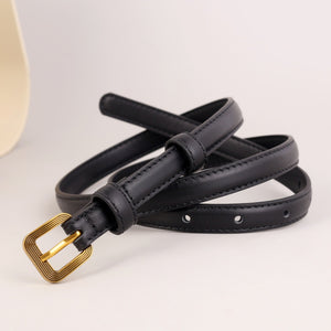 Black cowhide leather skinny belt with antique brass buckle