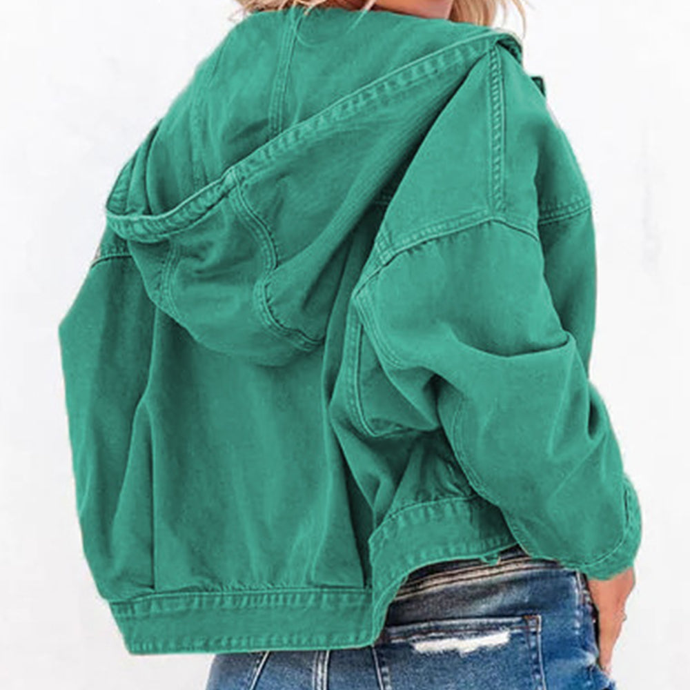 Teal denim utility hoodie with a hood and buttoned details, shown from the back.