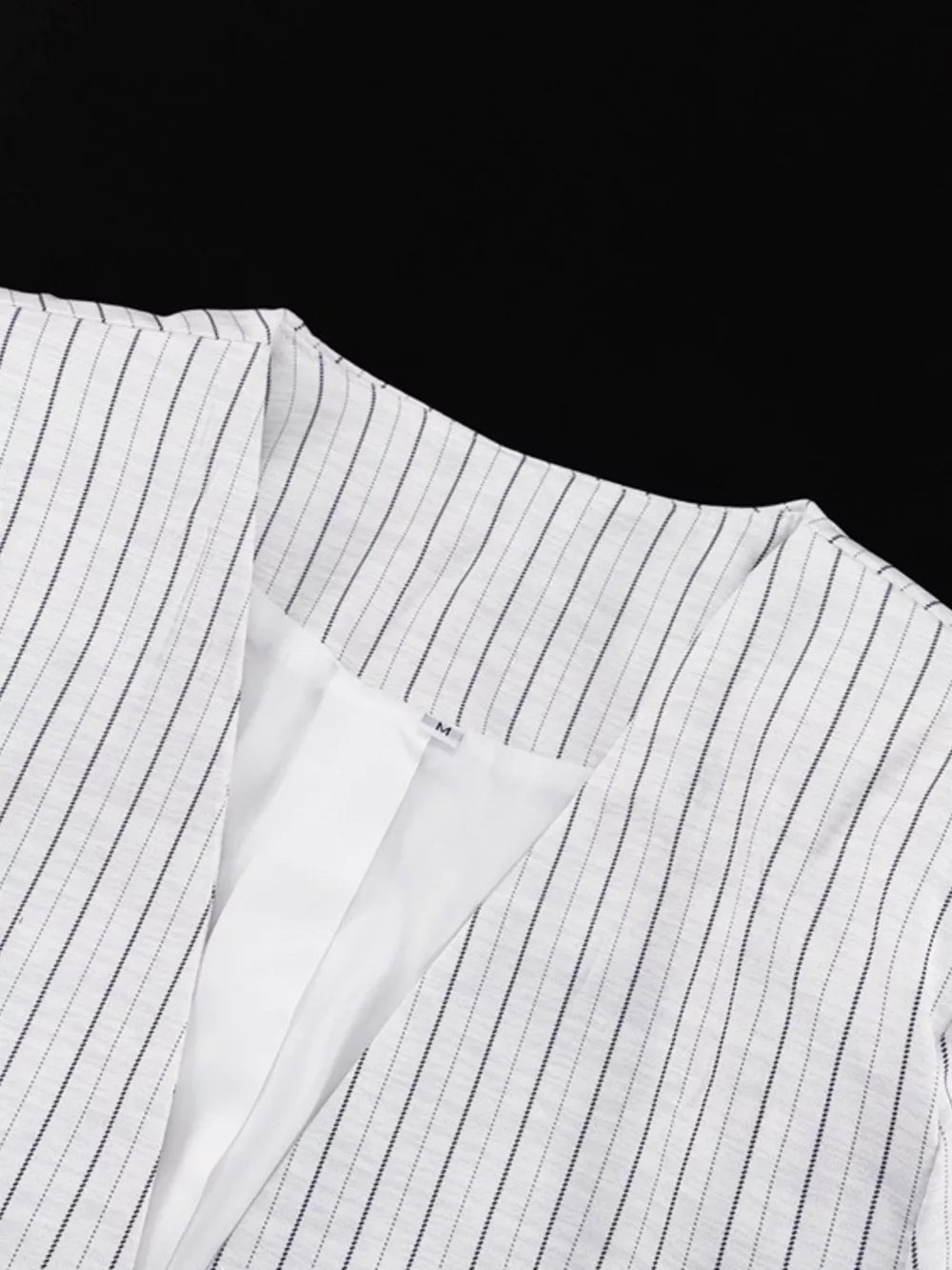 Pinstripe Cropped Blazer And Pleated Shorts Set in Light Gray, fit detail