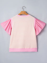 Ruffled short-sleeve blouse with pink and white stripes and solid pink sleeves.