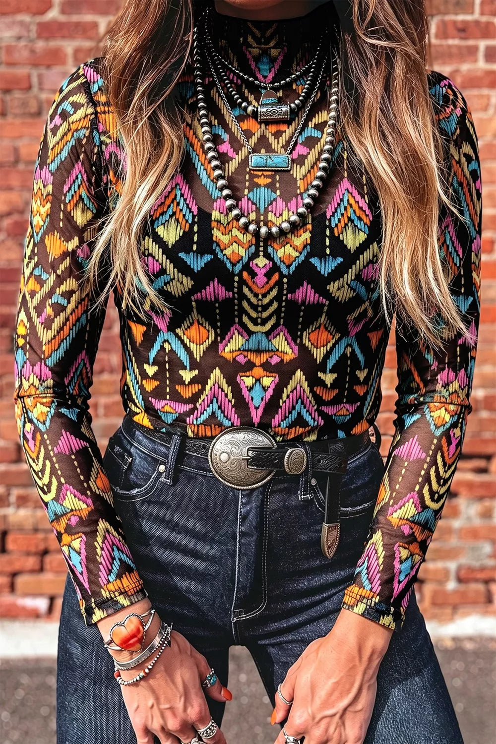 Abstract Print Long Sleeve Mesh Top, close-up detail