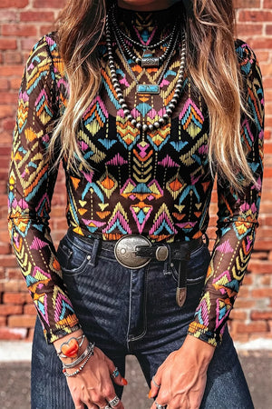 Abstract Print Long Sleeve Mesh Top, close-up detail
