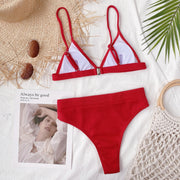Red ribbed triangle bikini top and high-waist brief