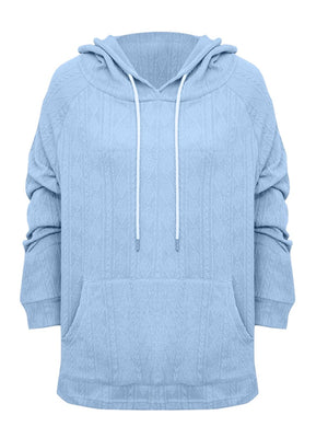 Light blue textured knit raglan hoodie with white drawstring and front pocket.