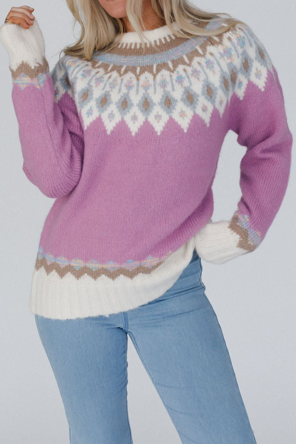 Pink purple acrylic knit pullover with Fair Isle yoke pattern and cream cuffs and hem.