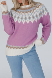 Pink purple acrylic knit pullover with Fair Isle yoke pattern and cream cuffs and hem.