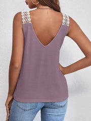 Mauve waffle knit tank top with white lace shoulder detail and V-neck.