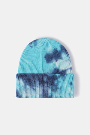 Ribbed knit beanie in Sky Blue with a tie-dye pattern.