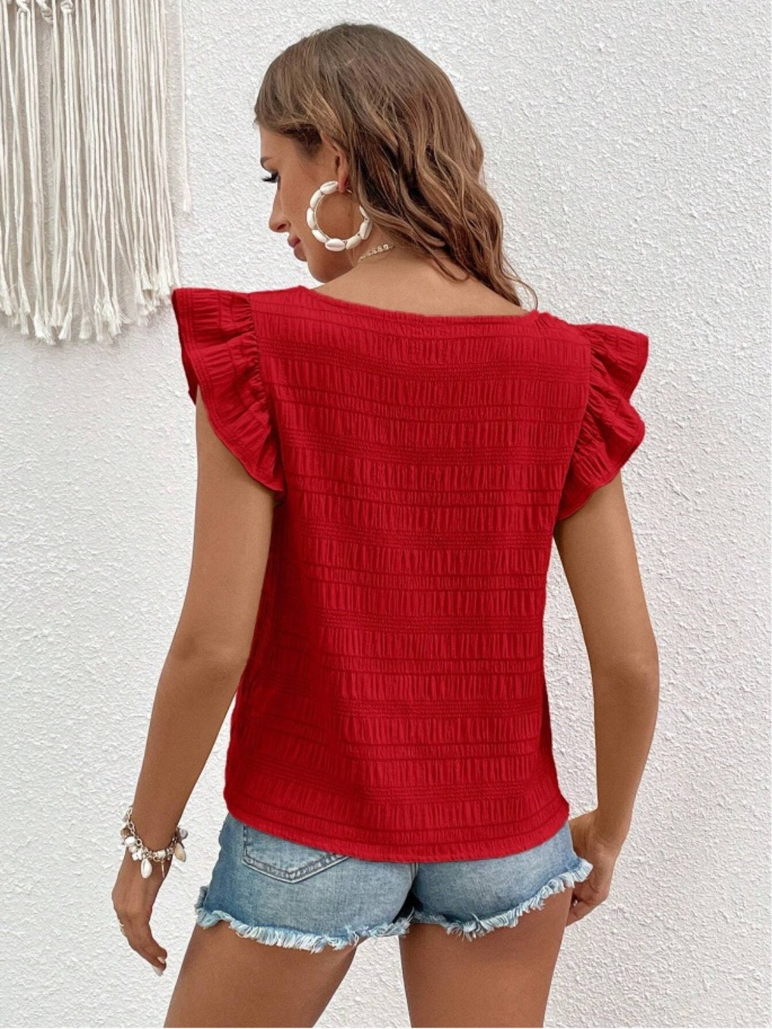 Red textured square neck blouse with ruffle sleeves