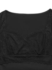 Black lace sweetheart neckline bodysuit with cap sleeves and scalloped trim.