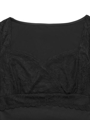 Black lace sweetheart neckline bodysuit with cap sleeves and scalloped trim.