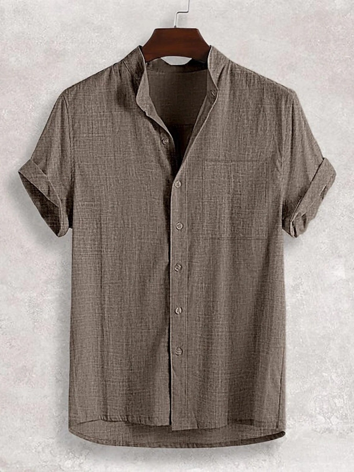 Textured band collar casual shirt in taupe with rolled short sleeves and button front.