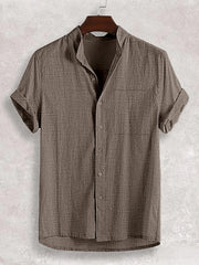 Textured band collar casual shirt in taupe with rolled short sleeves and button front.