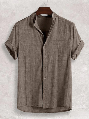 Textured band collar casual shirt in taupe with rolled short sleeves and button front.