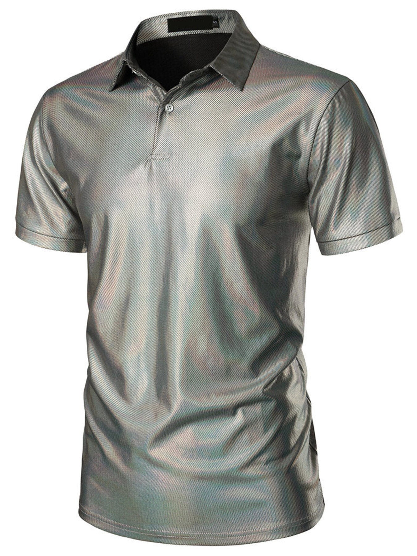 Men's grey collared polo shirt with textured finish and short sleeves.