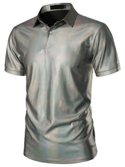 Men's grey collared polo shirt with textured finish and short sleeves.