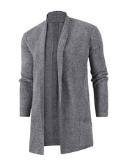 Men's heathered gray longline cardigan with pockets and open front.