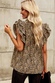 Floral ruffle sleeve notch-neck blouse in camel with a small bloom pattern.