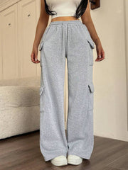 Gray relaxed fit cargo pants with drawstring and side pockets