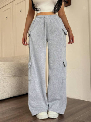 Gray relaxed fit cargo pants with drawstring and side pockets