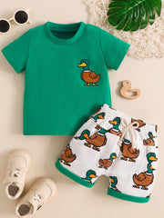 Green baby tee with duck graphic and matching duck print shorts set