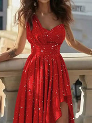 Deep Red glitter asymmetrical hem maxi dress with cinched waist and one-shoulder design.