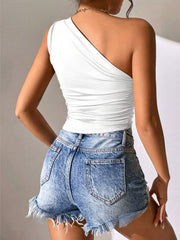 White asymmetrical ruched tank top with one shoulder strap and ruched detailing.
