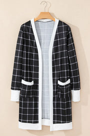 Black plaid duster cardigan with white trim and pockets