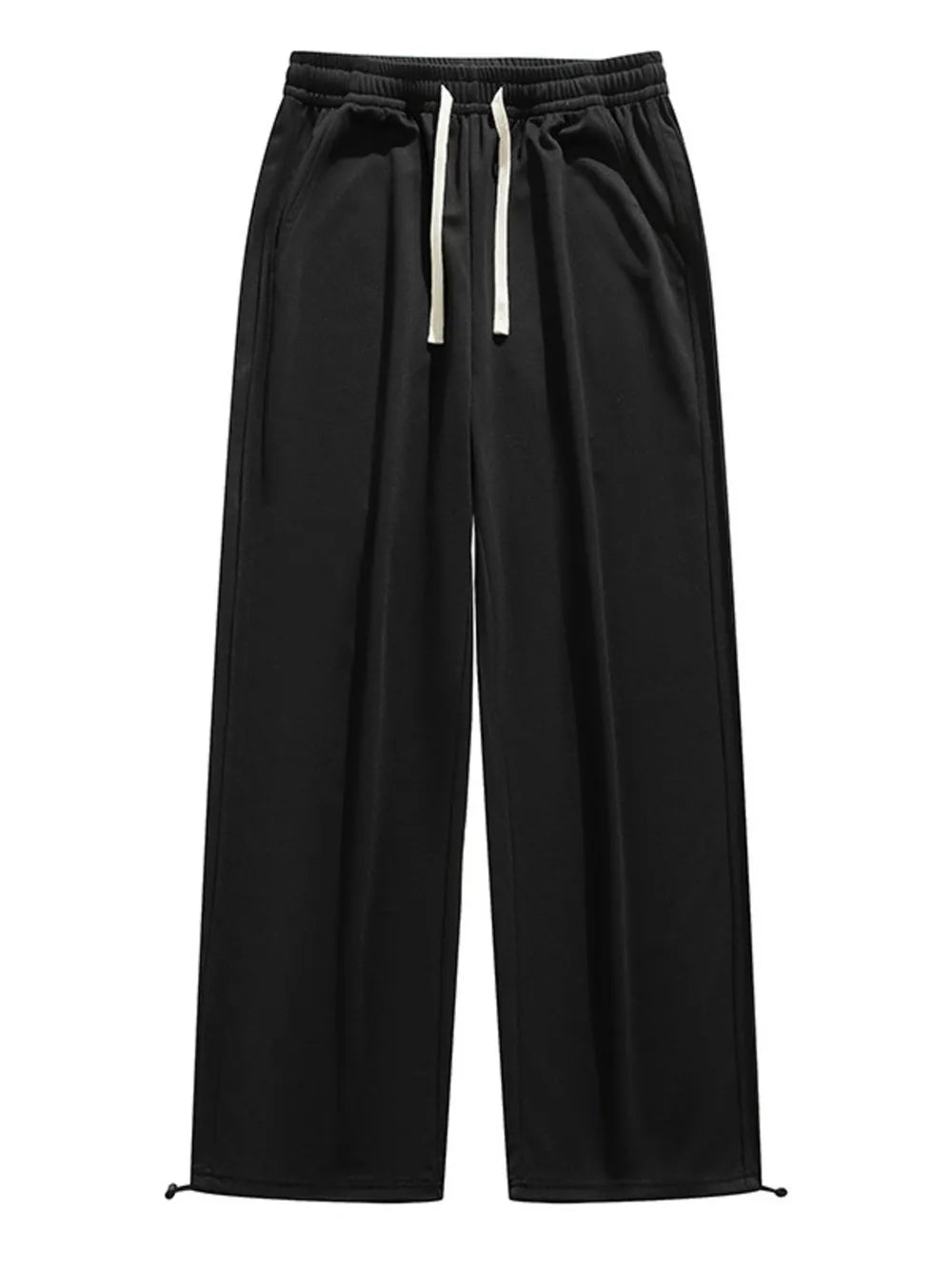 Black lightweight wide-leg sweatpants with white drawstring and adjustable hem.