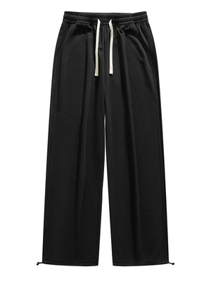 Black lightweight wide-leg sweatpants with white drawstring and adjustable hem.